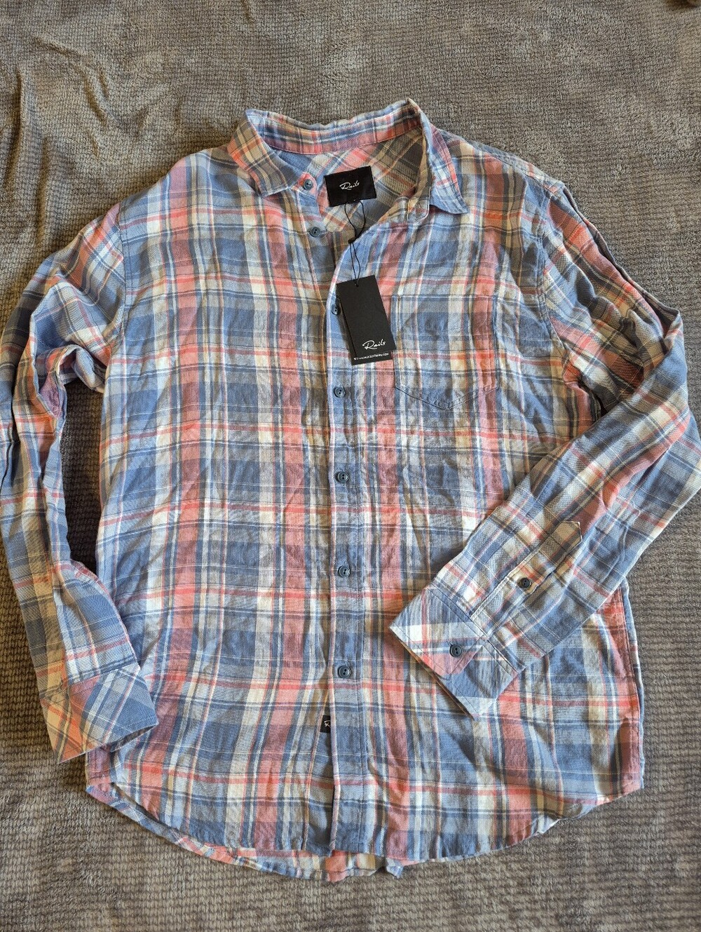 Rails Wyatt Mens Plaid Woven Long Sleeve Button-Up Shirt Pocket Sz L 100% Cotton
